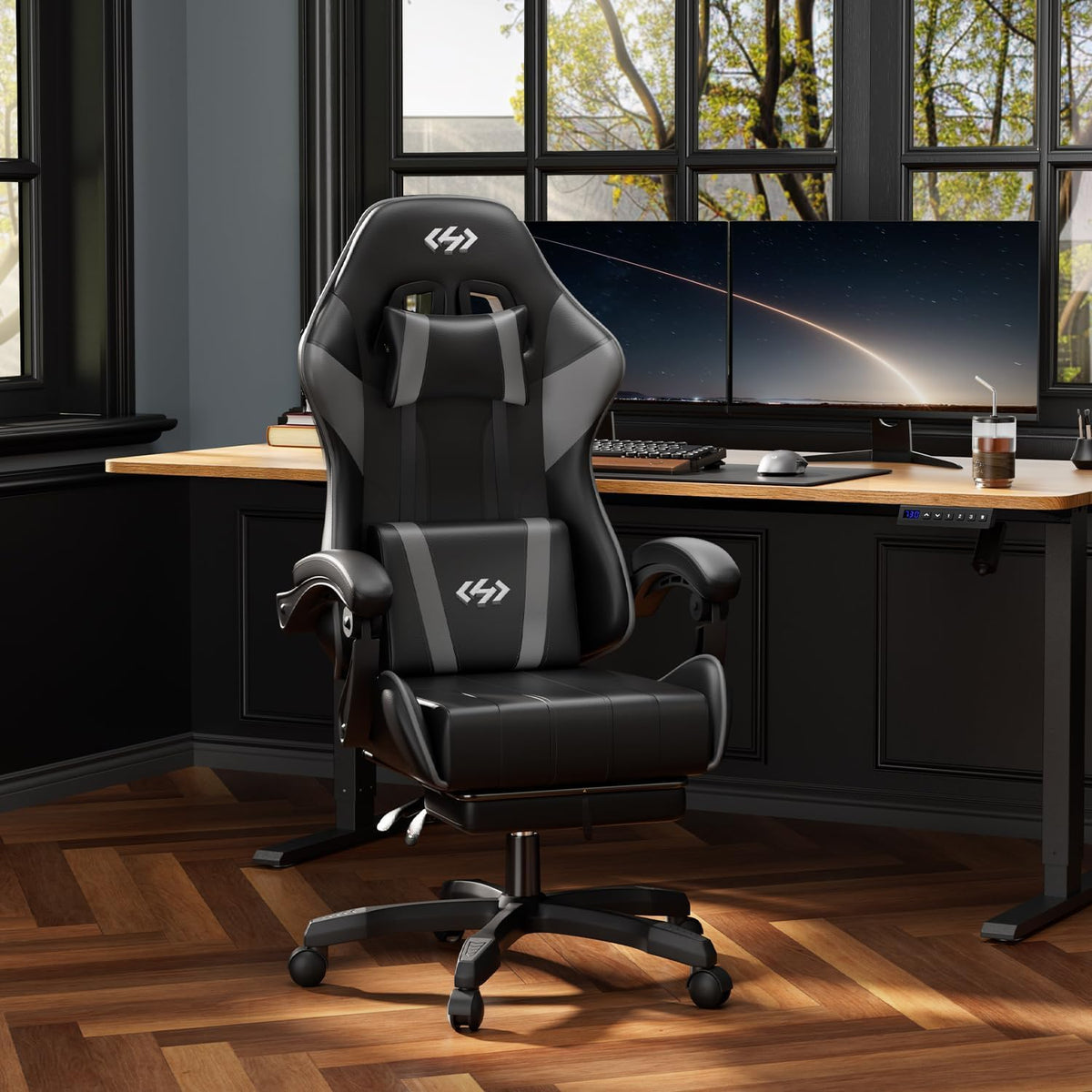HLDIRECT Gaming Chair with Footrest, Lumbar Support & Headrest, Black&Grey | Ergonomic, 90°-135° recline, adjustable height & 360° swivel, PU leather and 45D foam, for adult gaming, work & relaxing