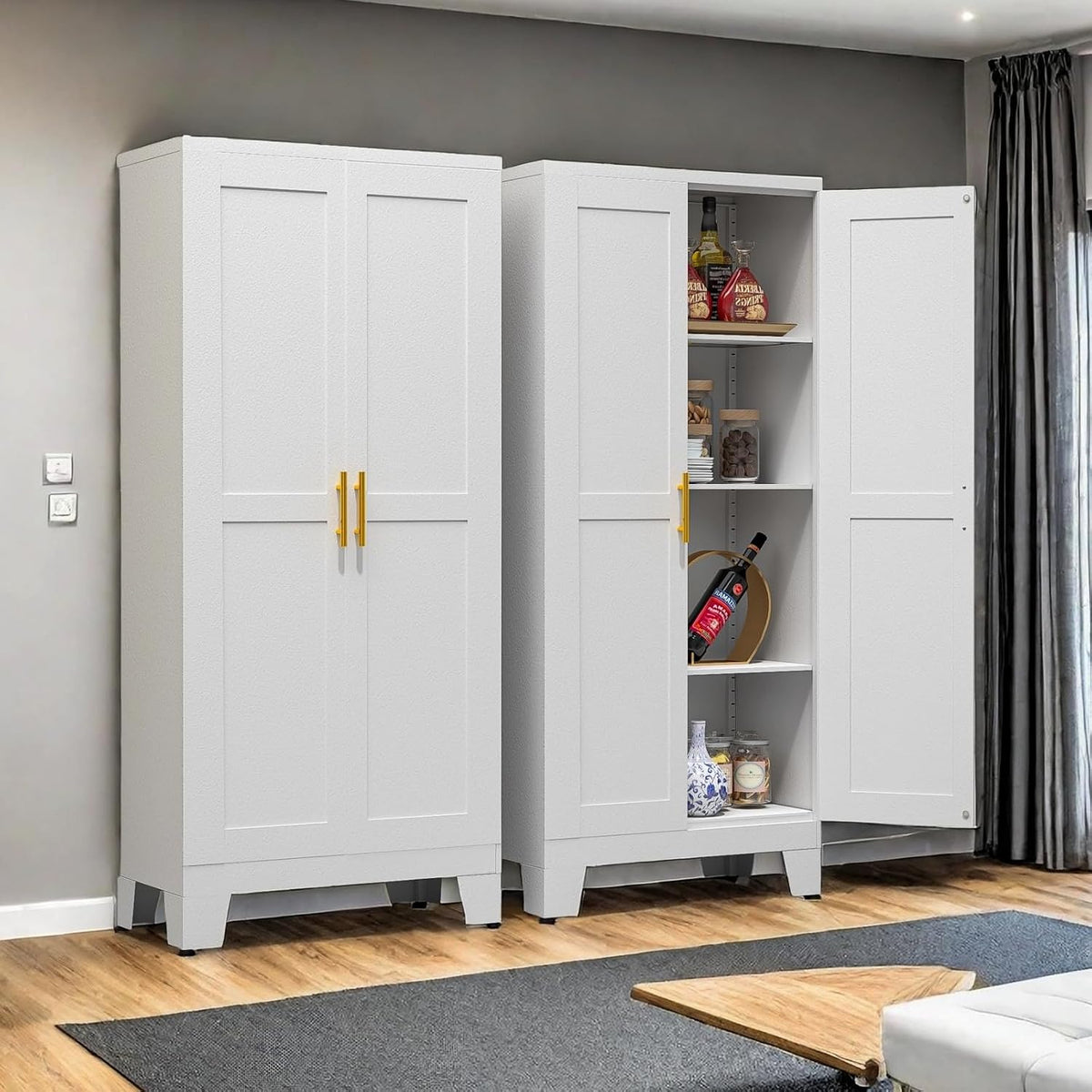 Metal Storage Cabinet with Doors and Shelves, 61" Tall Kitchen Pantry Storage Cabinet for Food, Large Freestanding Pantry Closet for Kitchen, Dining Room, Living Room (White)