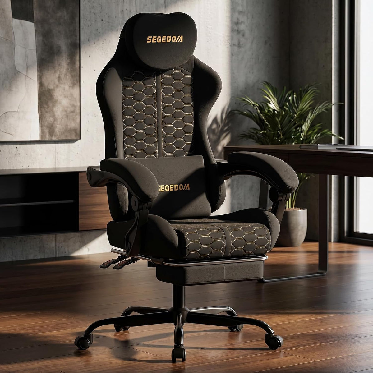 Honeycomb Embossed Gaming Chair with Footrest & Massage Lumbar Support, Adjustable Ergonomic Office Chair for Adults, 300 lbs (Black)