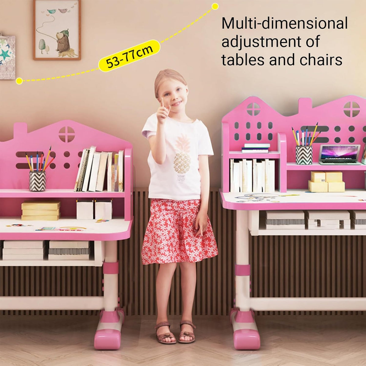 2-Piece Kids Adjustable Study Desk & Seat Set, Cartoon Print Widened Desktop with Storage Drawer Metal Frame for Homeschool Bedroom Playroom Pink