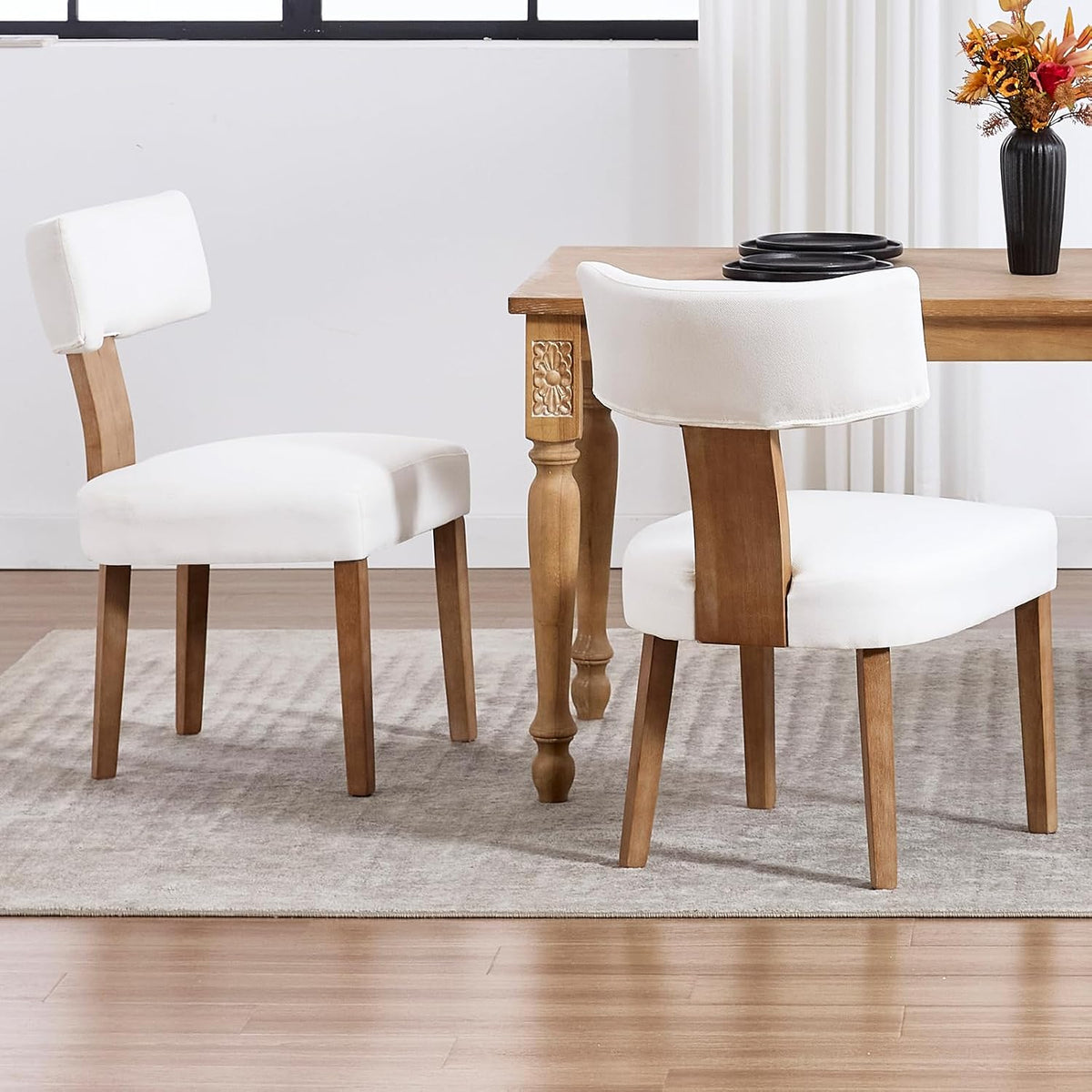 Mid Century Modern Dining Chairs Set of 4, Linen Fabric Upholstered Dining Chairs with Wood Legs, Farmhouse Kitchen Chair Armless, Comfy Side Chairs for Dining/Living Room/Kitchen, Cream