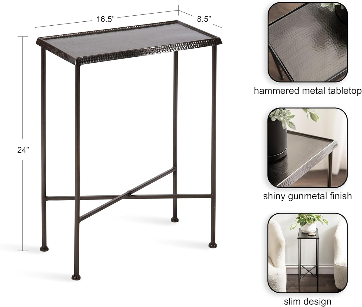 Kate and Laurel Sanzo Modern Metal Skinny Side Table, 17 x 9 x 24, Gunmetal, Rectangular Slim Bedroom Nightstand with Hammered Tabletop for Use as Bedside Accent or Narrow Living Room End Table