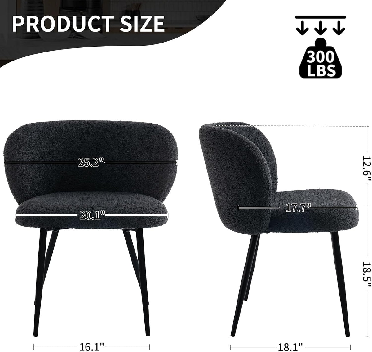 Modern Teddy Dining Chairs Set of 4, Comfy Kitchen Armless Chairs with Thick Cushions, Wingback Chair, Upholstered Dining Room Chairs with Metal Legs for Dining Room, Living, Black