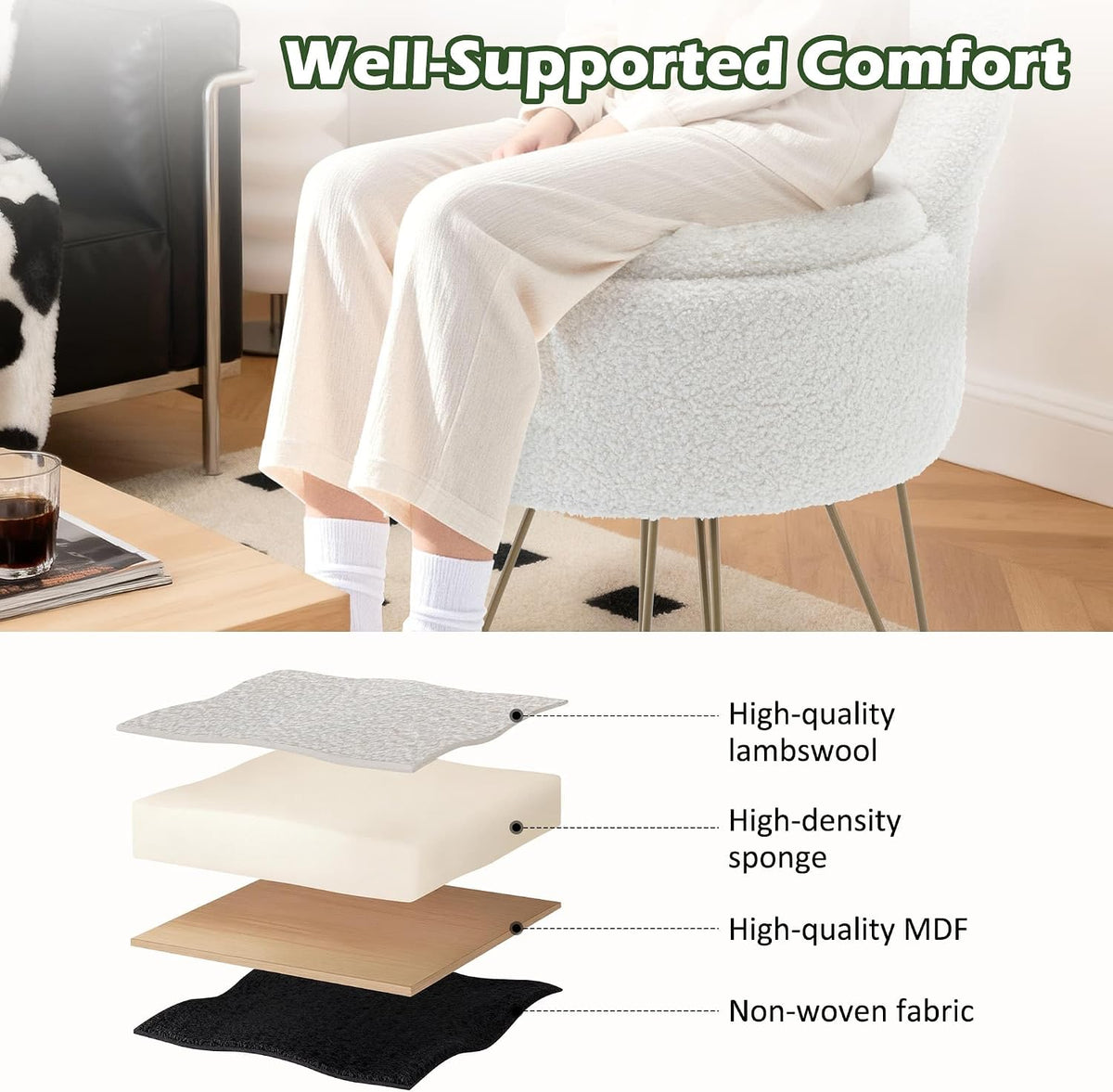 Korser Vanity Stool Chair with Storage and Folding Back, 13"x13"x27.6" Round Faux Fur Comfy Ottoman, 4 Metal Legs with Anti-Slip Feet, Makeup Chair for Living Room, Bedroom, Dressing Room