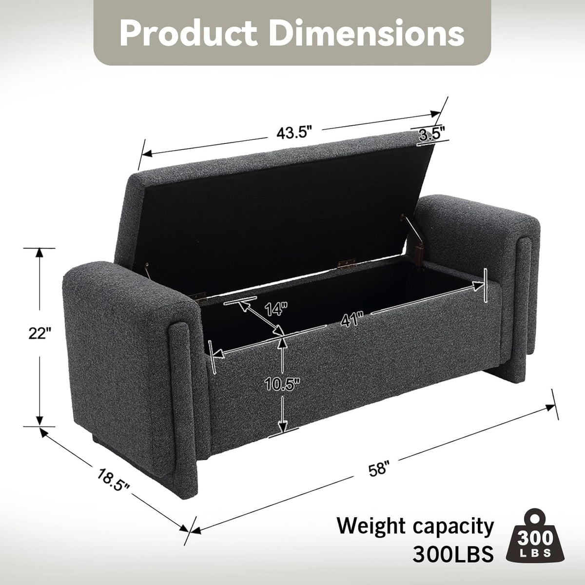 CIMOTA Modern Storage Ottoman Bench, 58” Large Upholstered Storage Bench with Armrests, Boucle Fabric Bedroom End of Bed Bench-Comfy Padded Footstool for Living Room, Entryway, Black