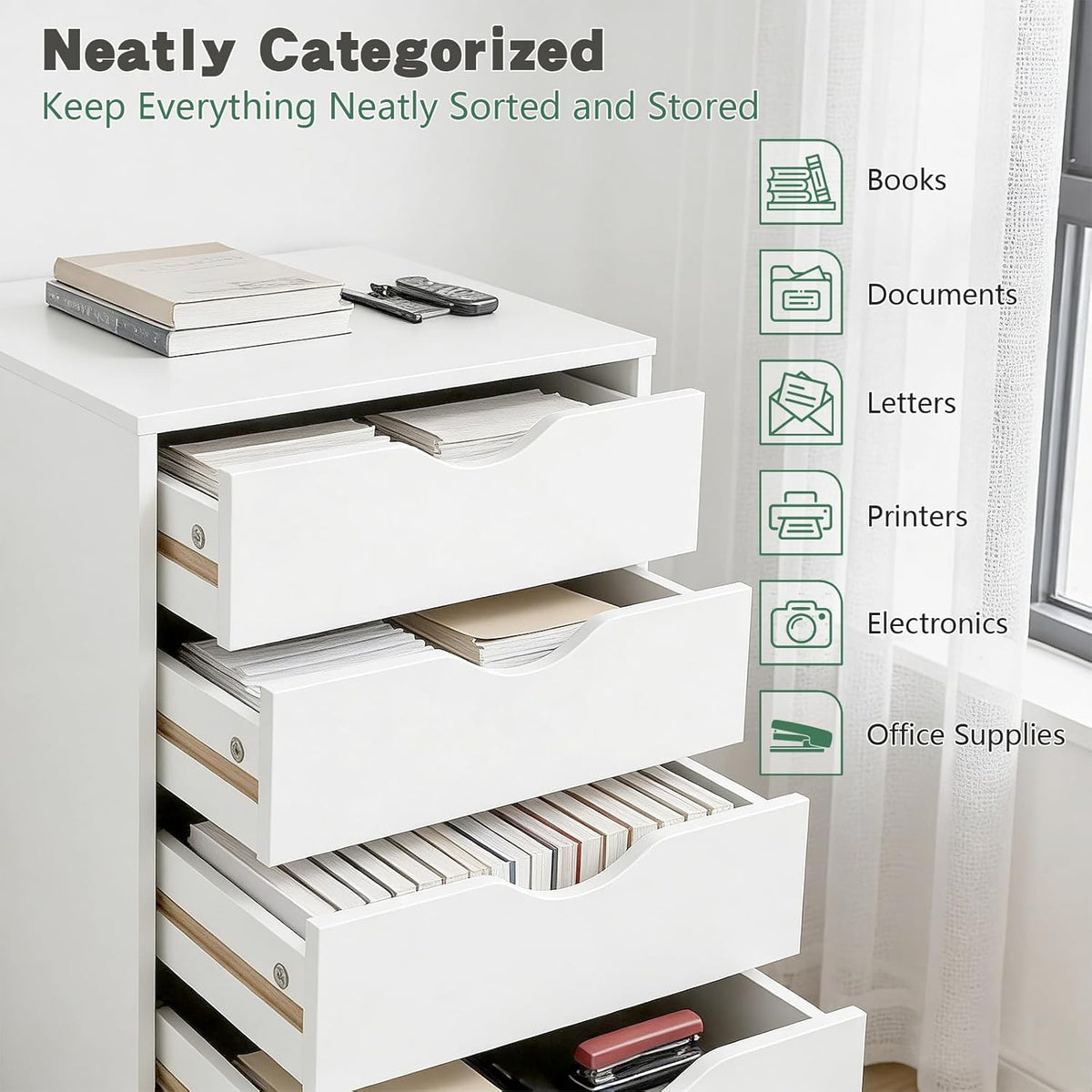 SweetGO 5 Drawer File Cabinet, Under Desk Storage with Drawers, Wood File cabinets for Home Office, Dorms (White)