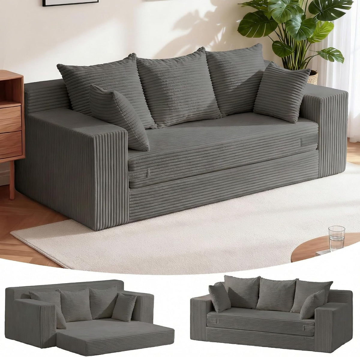 Oversized Loveseat, 3 Seater Pull Out Convertible Sofa Bed, 70" Gray Couch Fold Out Floor Couch Sleeper Sofa with 5 Pillows for Living Room Bedroom Lounge Small Space