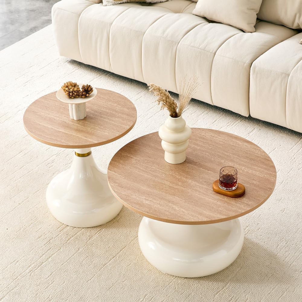 Affordable Luxury Gourd-Shaped Nesting Coffee Table Set. (Off White + Wood + MDF+Metal)