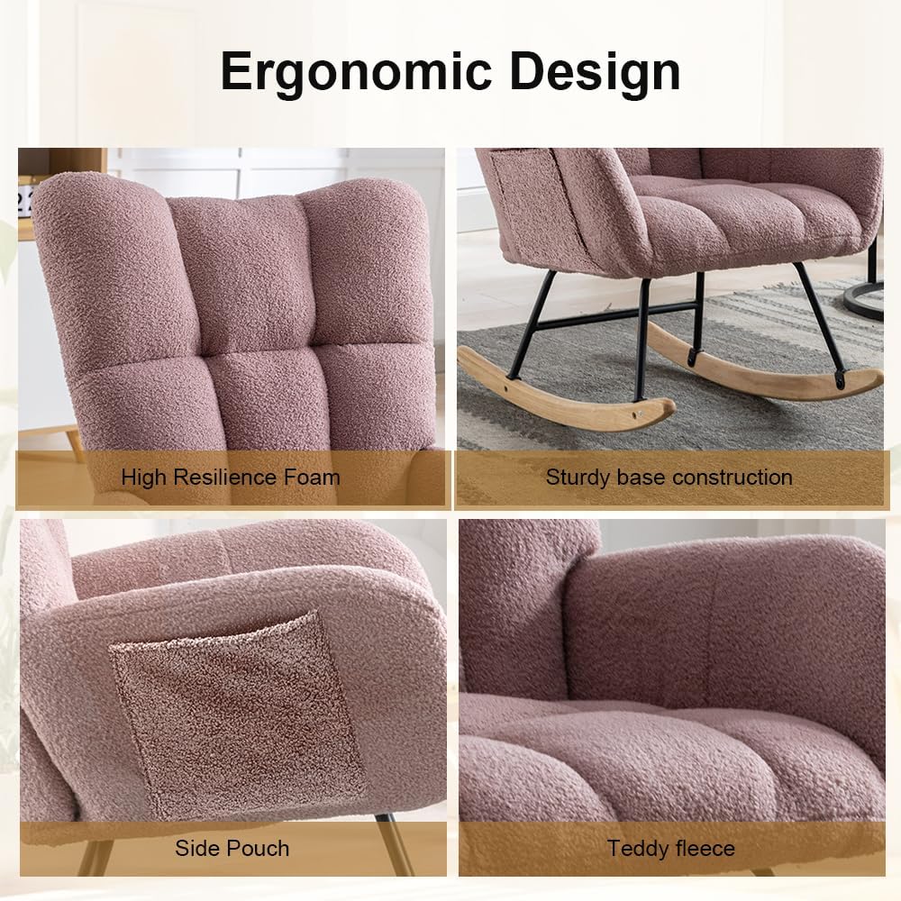 Rocking Chair Nursery, Teddy Upholstered Glider Rocker with High Backrest, Reading Chair Modern Rocking Accent Chairs Glider Recliner for Living Room, Nursery, Bedroom,Pink