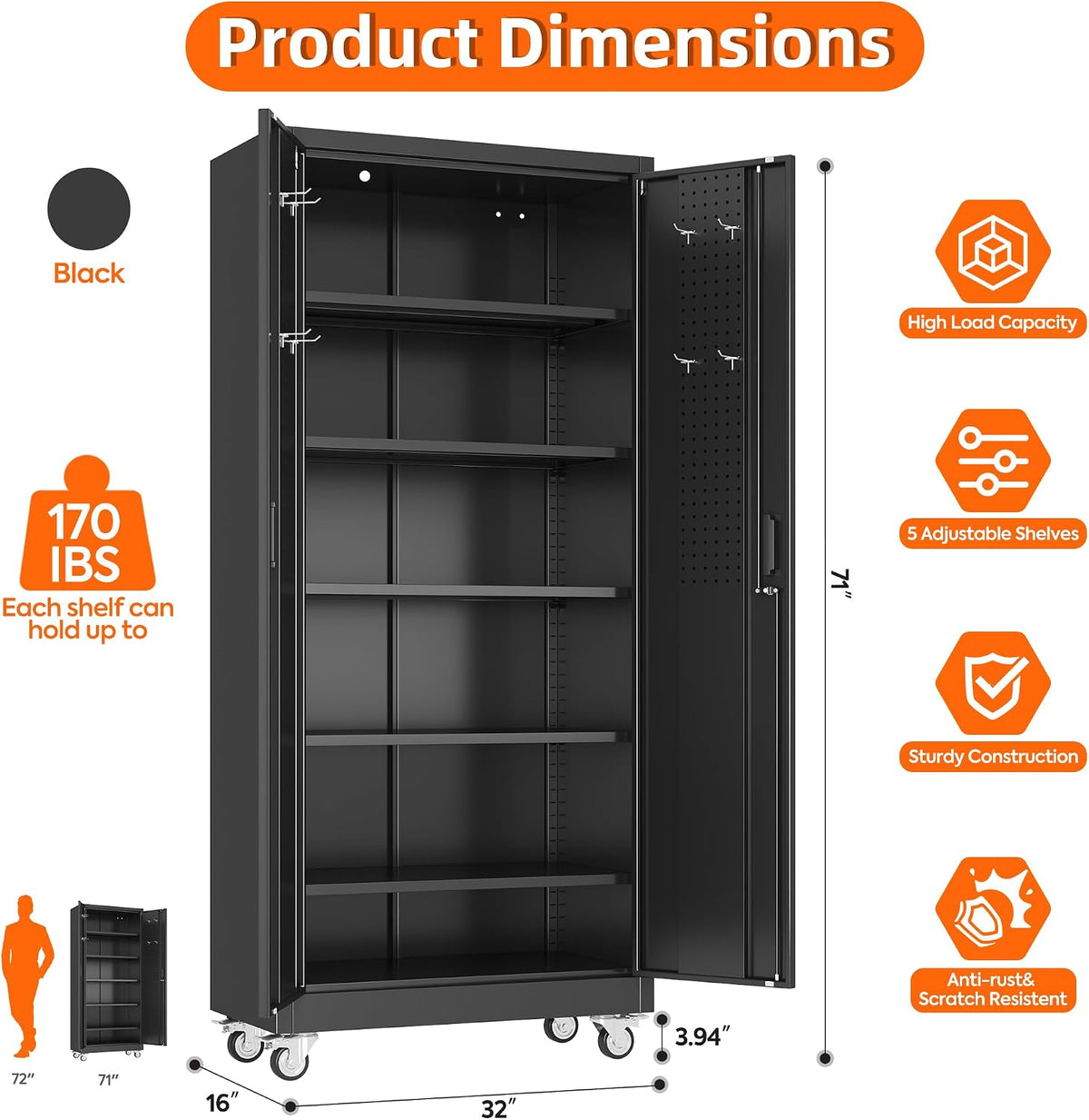 Aobabo Metal Storage Cabinet with Wheels and Door Pegboard | Garage and business storage for tools and office supplies; 5 adjustable shelves, lockable black cabinet, 16"D x 32"W x 71"H