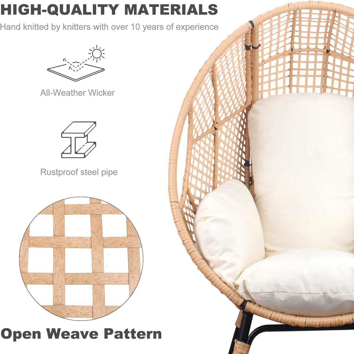 2 pcs Oversized Wicker Egg Chair Outdoor Indoor - Rattan Patio Egg Lounge Chairs with Cushion 500lbs Capacity for Living Room, Balcony, Backyard