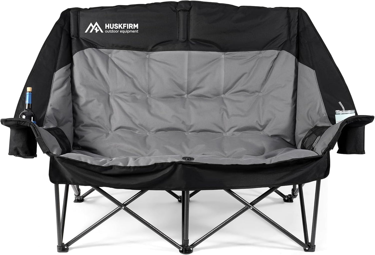 Huskfirm High Back Double Camping Chair 2 Person Camping Chair Low Seat Loveseat Camping Chair Fully Padded Oversized Camping Couch for Adults - Supports 650 LBS with Cup Holders Carry Bag - Black