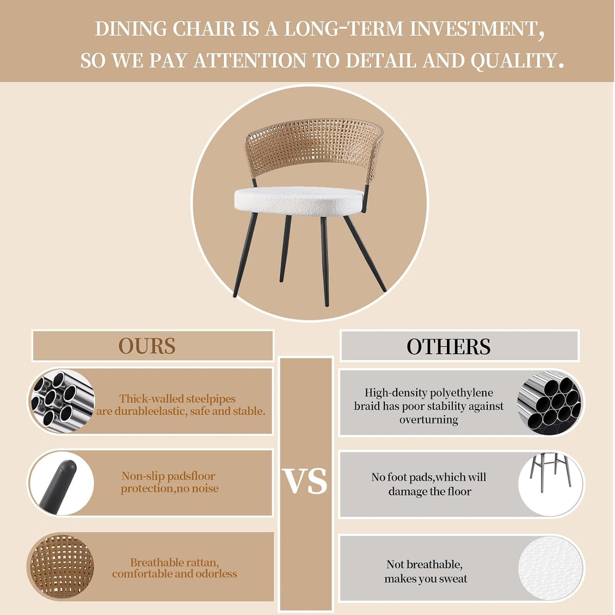 Rattan Dining Chairs Set of 4,Farmhouse Upholstered Teddy Cushion with PE Cane Round Back Kitchen Chair,Mid Century Modern Dining Room Chair with Black Metal for Kitchen,White