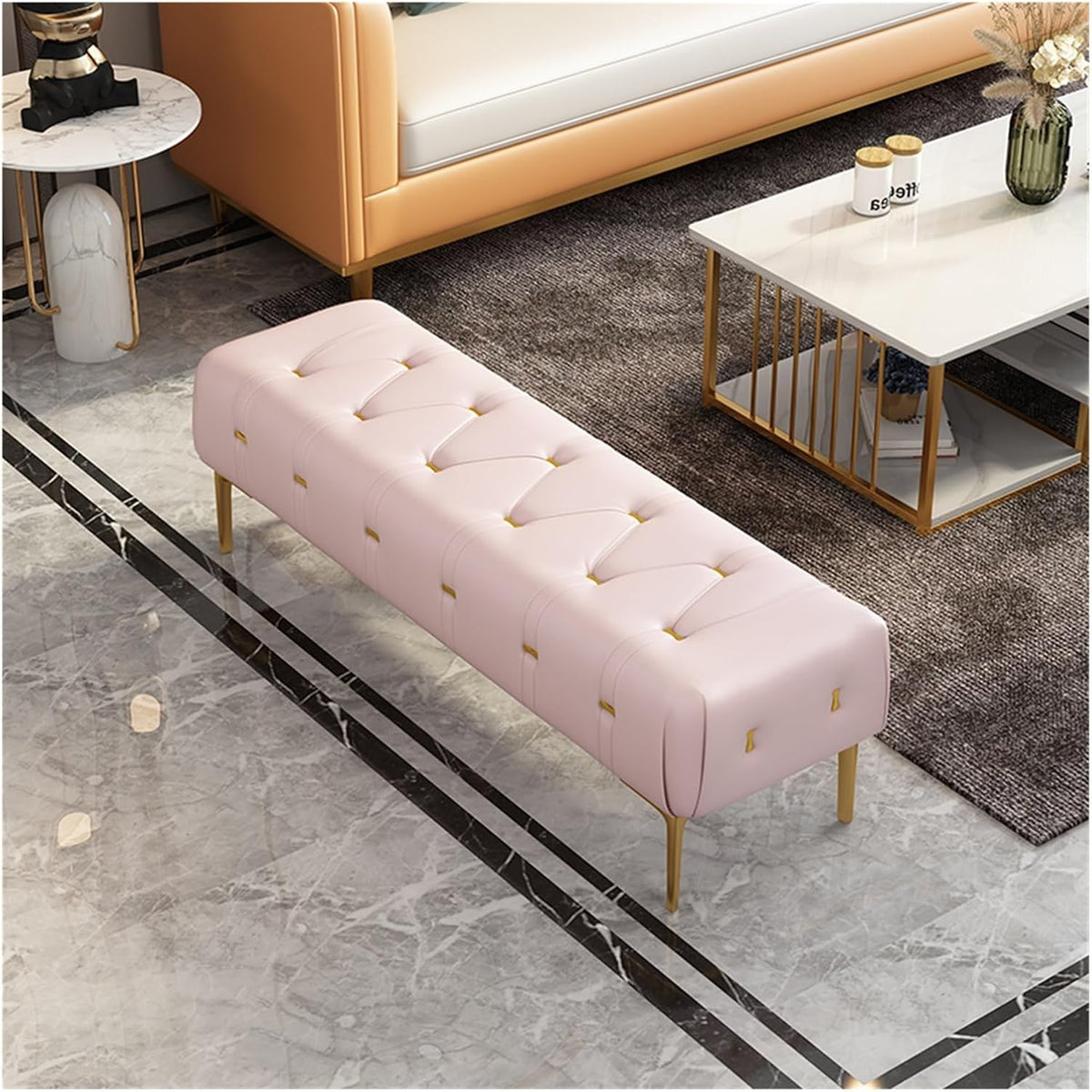 Modern Upholstered Tufted Bench with Padded Seat, Footrest Foot Stool with Sturdy Metal Leg, Leather for Bedroom Living Room Entryway Entryway(Pink,100 * 40 * 43cm)