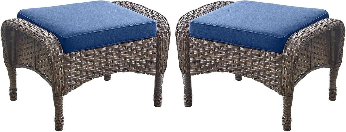 Outdoor Ottomans Patio Footrest Set of 2 - High Back Comfortable Brown Wicker Rattan Steel Frame Footstool Additional Bench Side Table for Porch Balcony Deck Garden Poolside - Navy Blue