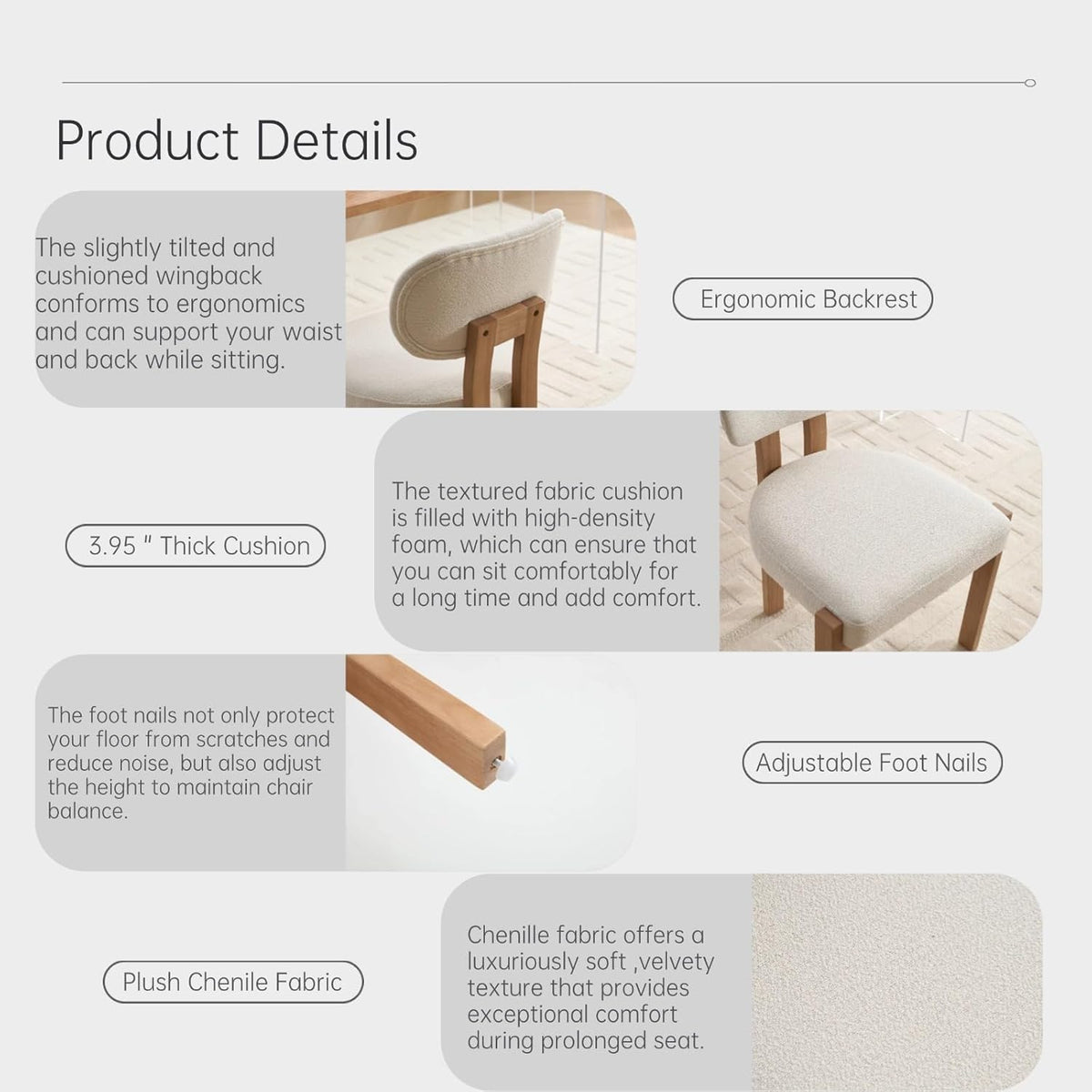 Boucle Dining Chairs Set of 2, Modern Upholstered Kitchen Chairs with Solid Wood Legs, Mid Century Teddy Fabric Dining Room Chairs with Curved Backrest, Armless Side Chairs for Small Spaces, Beige