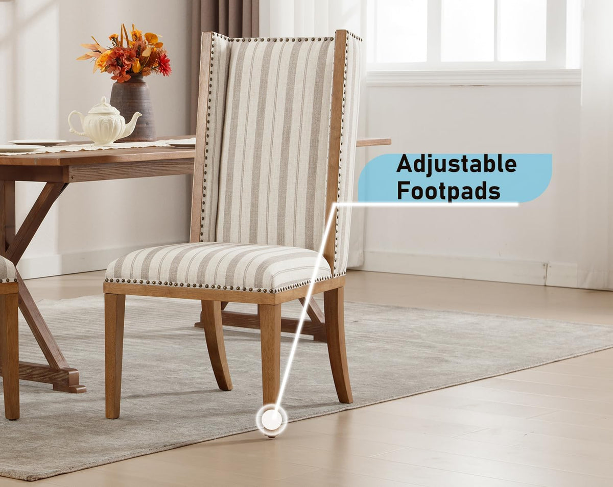 Kmax High Back Dining Chairs Set of 2, Parsons Dinner Chairs Upholstered Fabric & Nailed Trim Wood Kitchen Chairs, Khaki Stripe