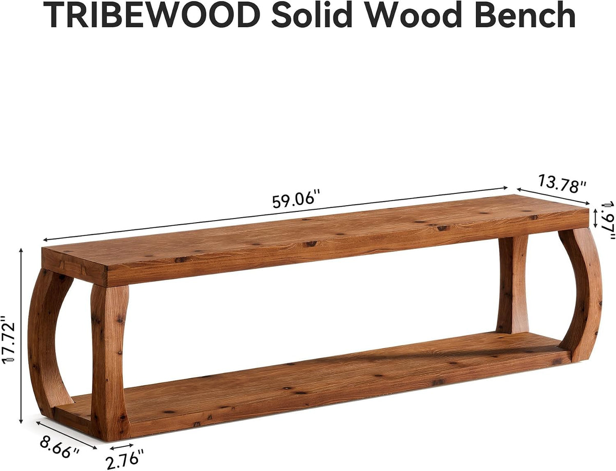 2-Tier Solid Wood Entryway Bench, 59" Long Farmhouse End of Bed Bench with Open Shelves, Rustic Shoe Storage Wooden Seating for Entry, Kitchen, Living Room, Bedroom, Hallway (Rustic Brown)