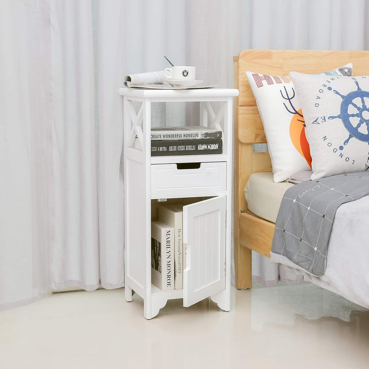 30" High Fully Assembled Nightstand with Drawer and Doors,Solid Wood,White | 30Inch Height Pre-Assembled Side End Table, No Assembly Bathroom Cabinet, Open Shelf, Slim Floor Standing Storage Cabinet