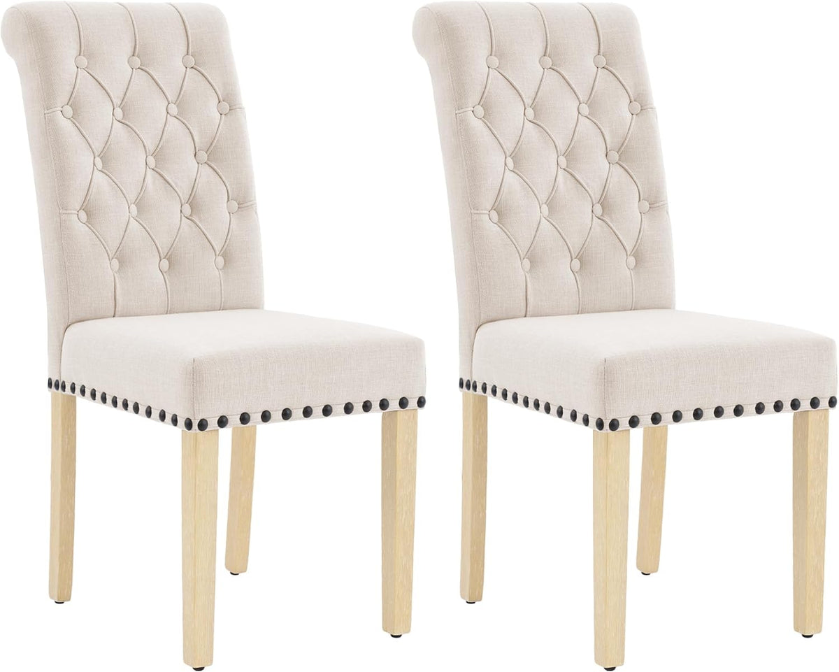 adochr Dining Chairs Set of 2, Linen Armless Parsons Chairs,Beige | Wooden Legs&Tufted Buttons, Upholstered Dining Room Chair for Kitchen/Dining/Living Room