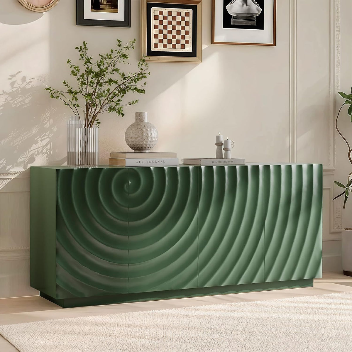 4 Door Modern Sideboard Buffet Cabinet with Spiral Grain, Accent Storage Sideboard Freestanding Anti-Dumping Storage Cabinet Buffet for Kitchen & Living Room (Green)