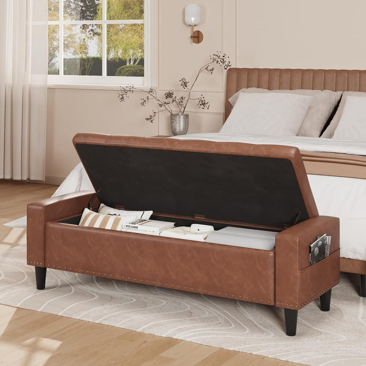 60" Storage Ottoman Bench, Faux Leather Upholstered Bed Bench, Brown | Benches with Tufted Buttons and Nailhead Trim, Large Ottoman with Storage for King Size End of Bed, Bedroom,Entryway,Hallway
