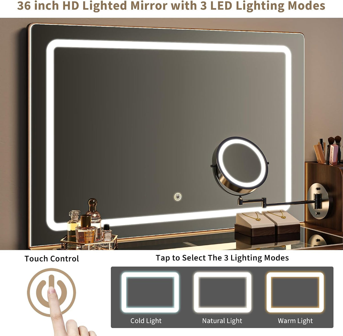 iPormis Makeup Vanity Desk with HD & 5X Magnifying Mirror and Lights, 47'' Make up Vanity, Fluted Glass Top Dressing Table w/Power Outlets, Adjustable Storage, Dark Brown