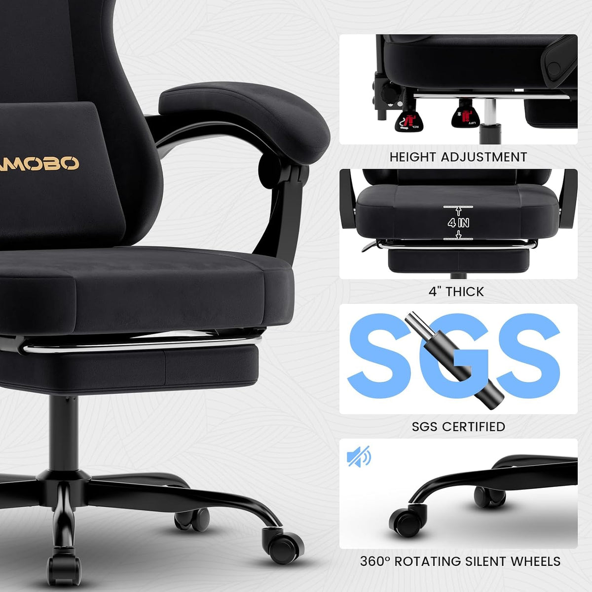 Gaming Chair with Footrest, Game Chair with Lumbar and Headrest Massage Support for Adults, Ergonomic Fabric High Back Computer Desk Gamer Chair with 360°Swivel Wheels for Office, Black