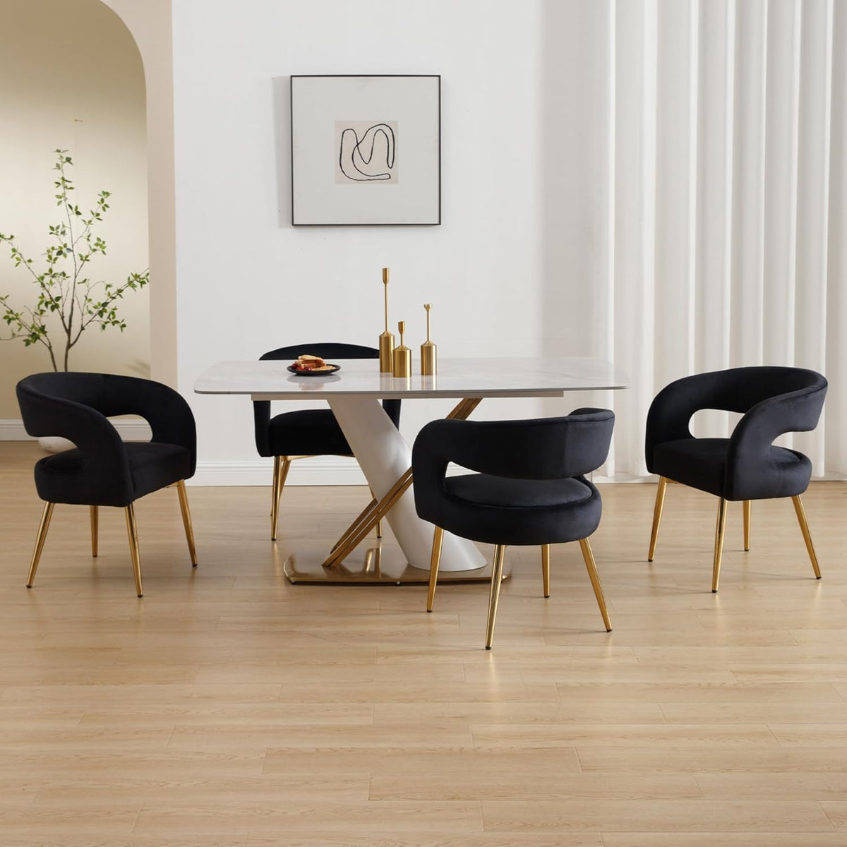 Hyfirm Black Barrel Dining Chairs Set of 4, Upholstered Velvet Dining Room Chairs with Gold Legs Hollow Back Modern Comfy Armchairs for Kitchen Recepition Restaurant