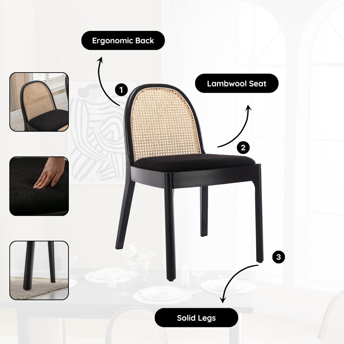HEAH-YO Rattan Dining Chairs Set of 2, Upholstered Sherpa Dining Room Chairs with Backrests, Modern Kitchen Chairs with Wood Legs for Dining Room, Black