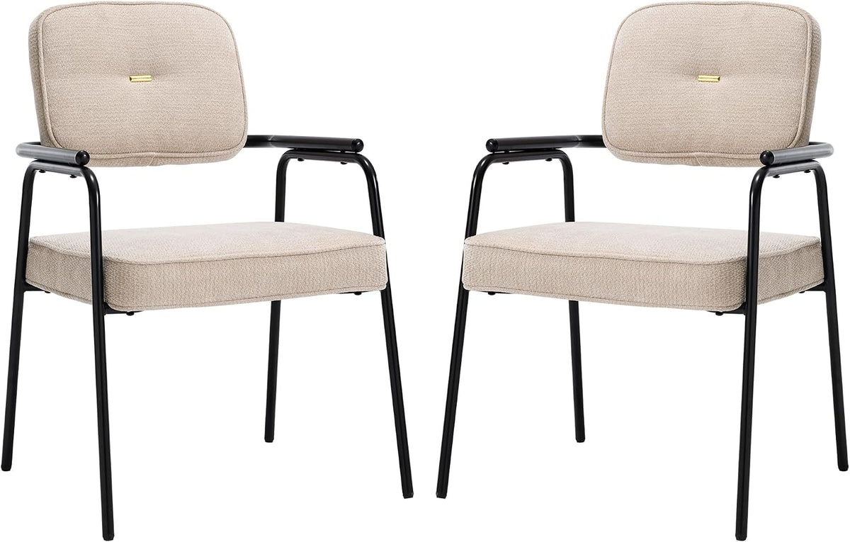 HENGJIANYI Accent Chair Dining Chair Set of 2, Chenille Upholstered Armchair Reading Side Chair, Comfy Living Room Chair with Black Metal Legs for Bedroom Waiting Room, Beige
