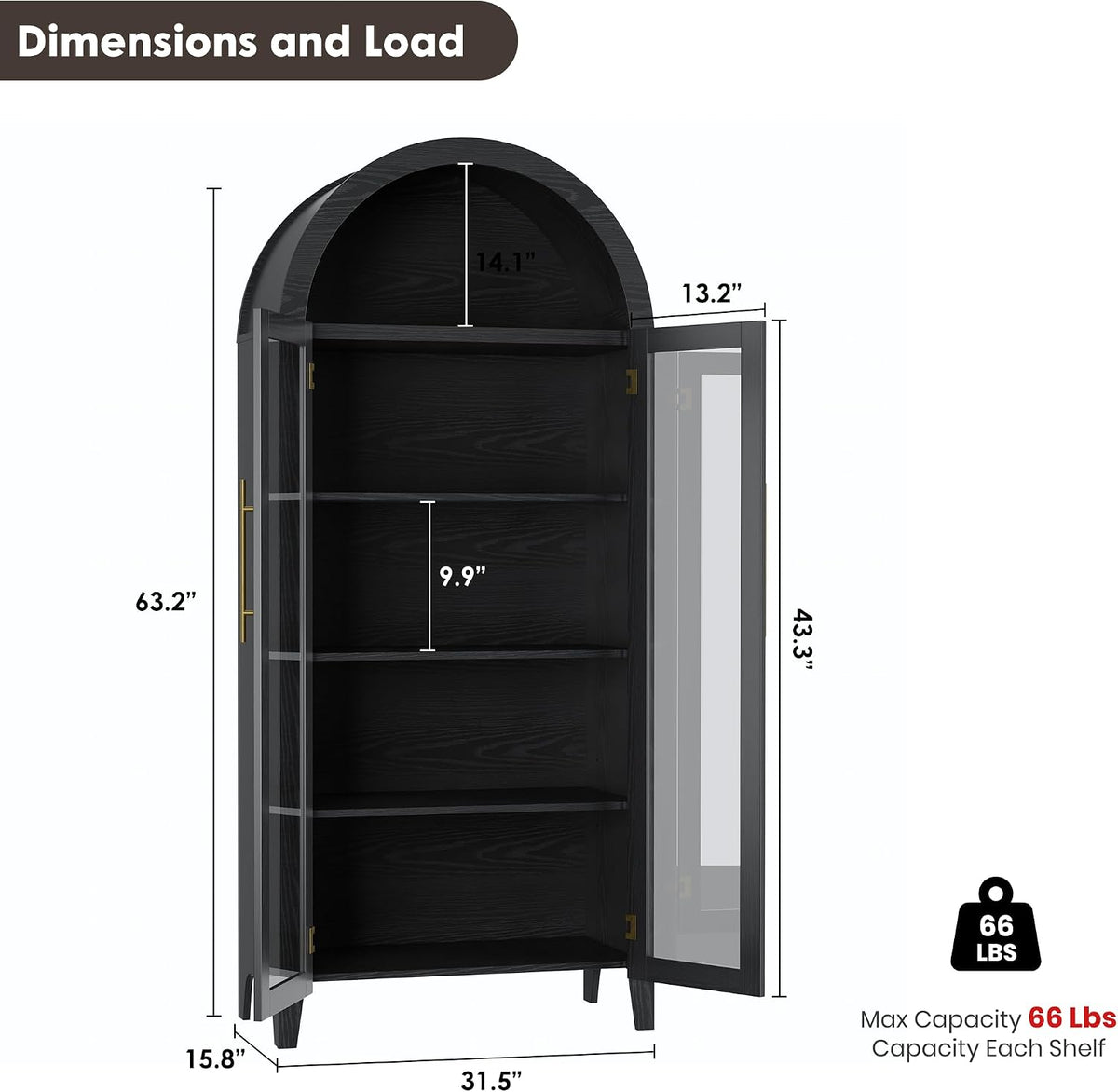 IDEALHOUSE Arched Kitchen Pantry Cabinet with Glass Doors, 5-Tier Farmhouse Display Cabinet with Adjustable Shelves, Versatile Storage Cupboard Organizer for Bathroom, Dining Room, Living Room, Black