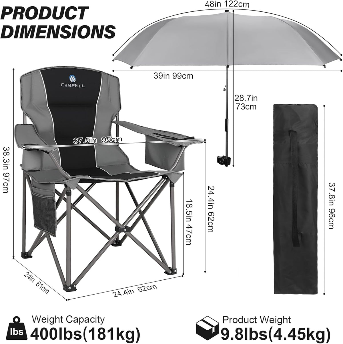 2 Pack Oversized Camping Chairs with Adjustable Umbrella-Folding Padded Lawn Chair with Backrest & Comfy Armrest-Heavy Duty for Beach Patio Picnic,Black