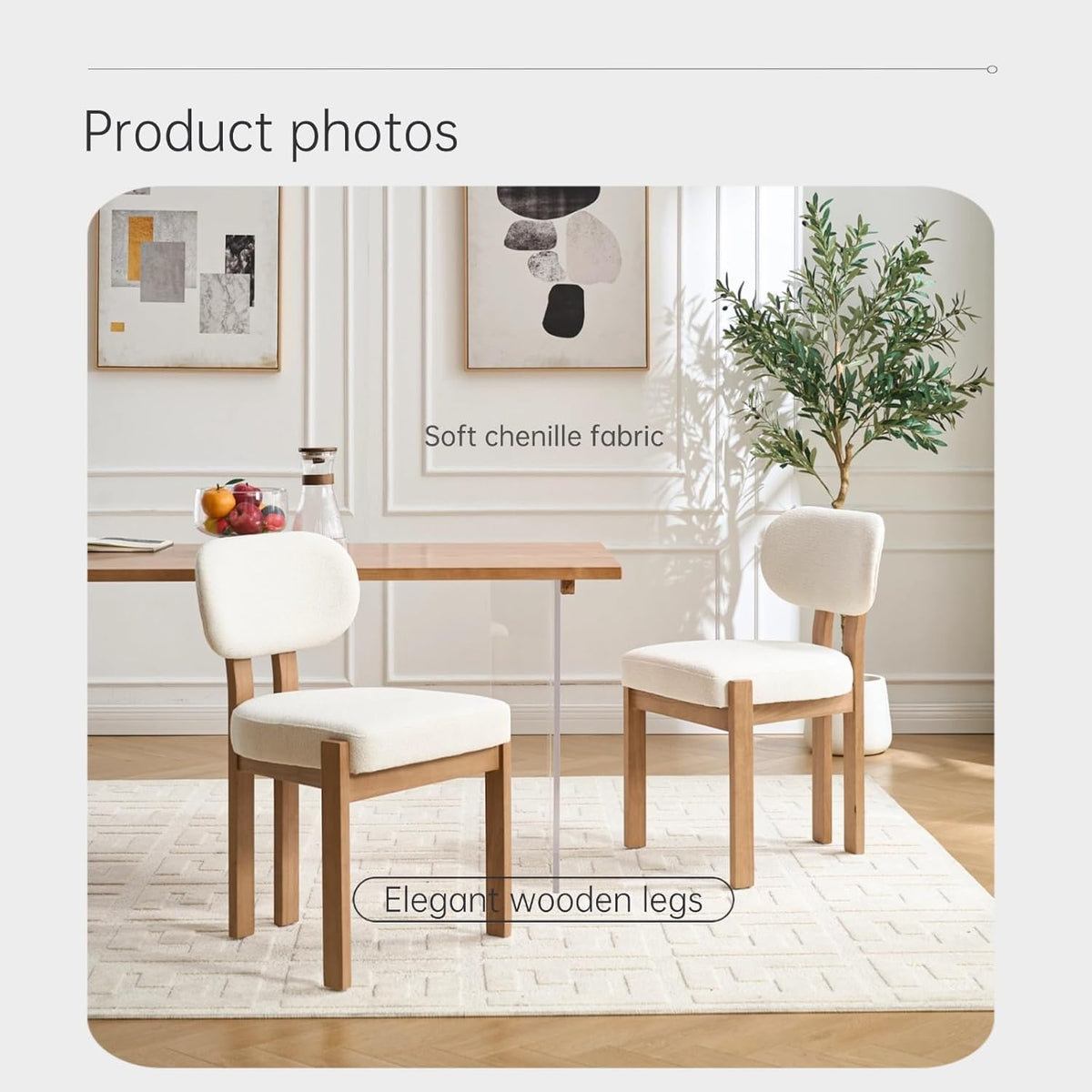 Boucle Dining Chairs Set of 2, Modern Upholstered Kitchen Chairs with Solid Wood Legs, Mid Century Teddy Fabric Dining Room Chairs with Curved Backrest, Armless Side Chairs for Small Spaces, Beige