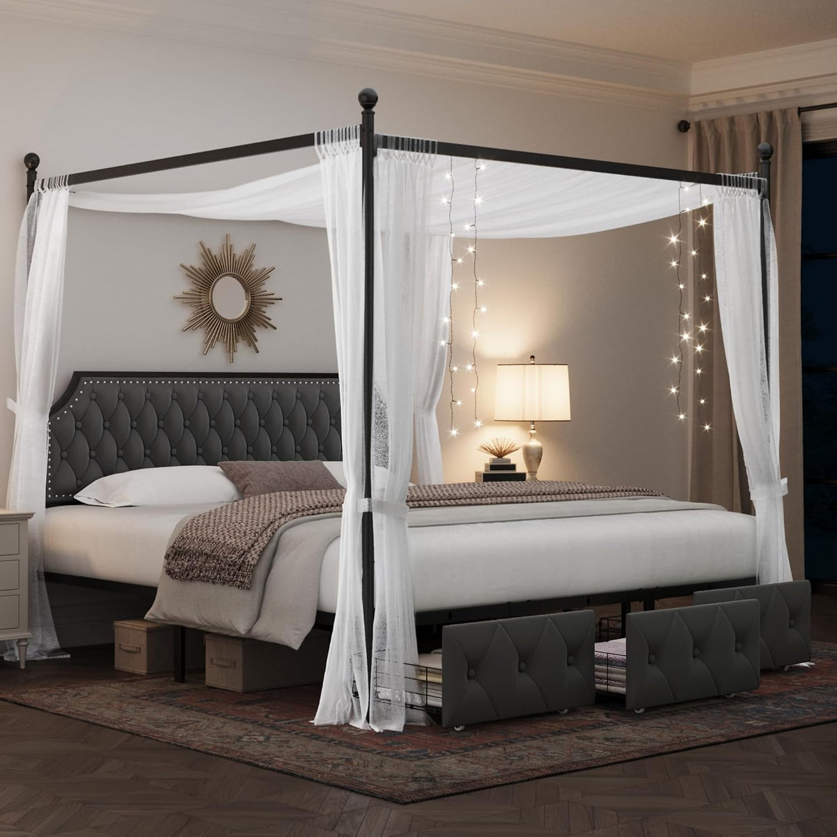 Keyluv King Upholstered Canopy Bed Frame with 3 Storage Drawers & Button Tufted Headboard, Metal Platform Bed with 4 Removable Posts, Two-Purpose Velvet Bed, Dark Grey/Curtain Not Included
