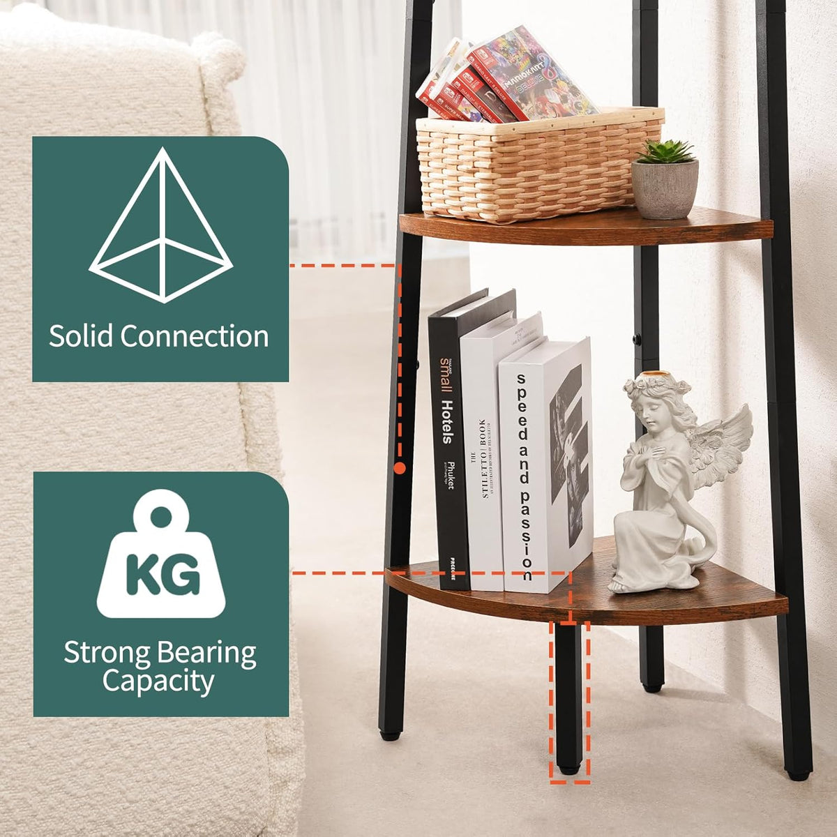 Yoobure Corner Shelf, 5-Tier Corner Bookshelf with Metal Frame & Wood Ladder Shelves - Display Shelf & Tall Bookcase, Plant Stand for Home Decor - Bedroom, Living Room, Office