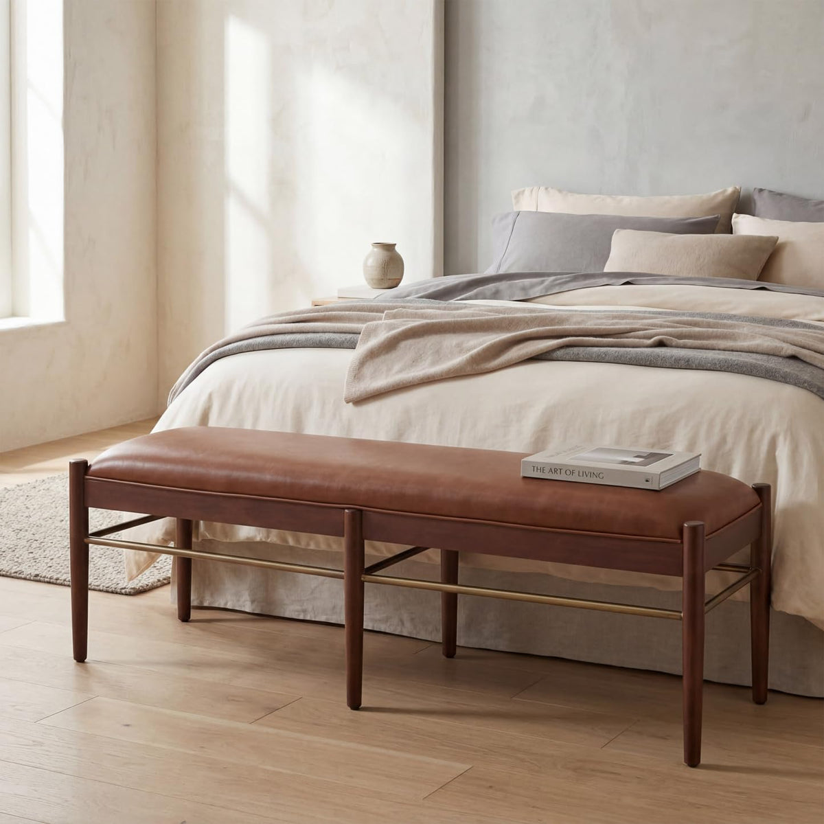 53" Faux Leather Entryway Bench with Cushion, Rustic Brown Dinner Bench for Dining Room, Upholstered End of Bed Bench Ottoman for Bedroom, Living Room with Walnut Base, Brown