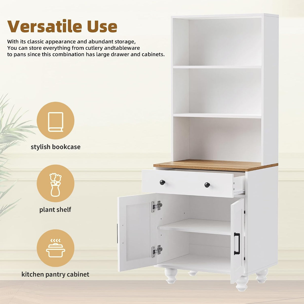 DSHADE Farmhouse Pantry Cabinet with 4 Solid Wood Gourd-Shaped Legs, Modern Kitchen Cabinet with Adjustable Shelves, 5 Tier Bookshelf with Drawer for Living Room, White