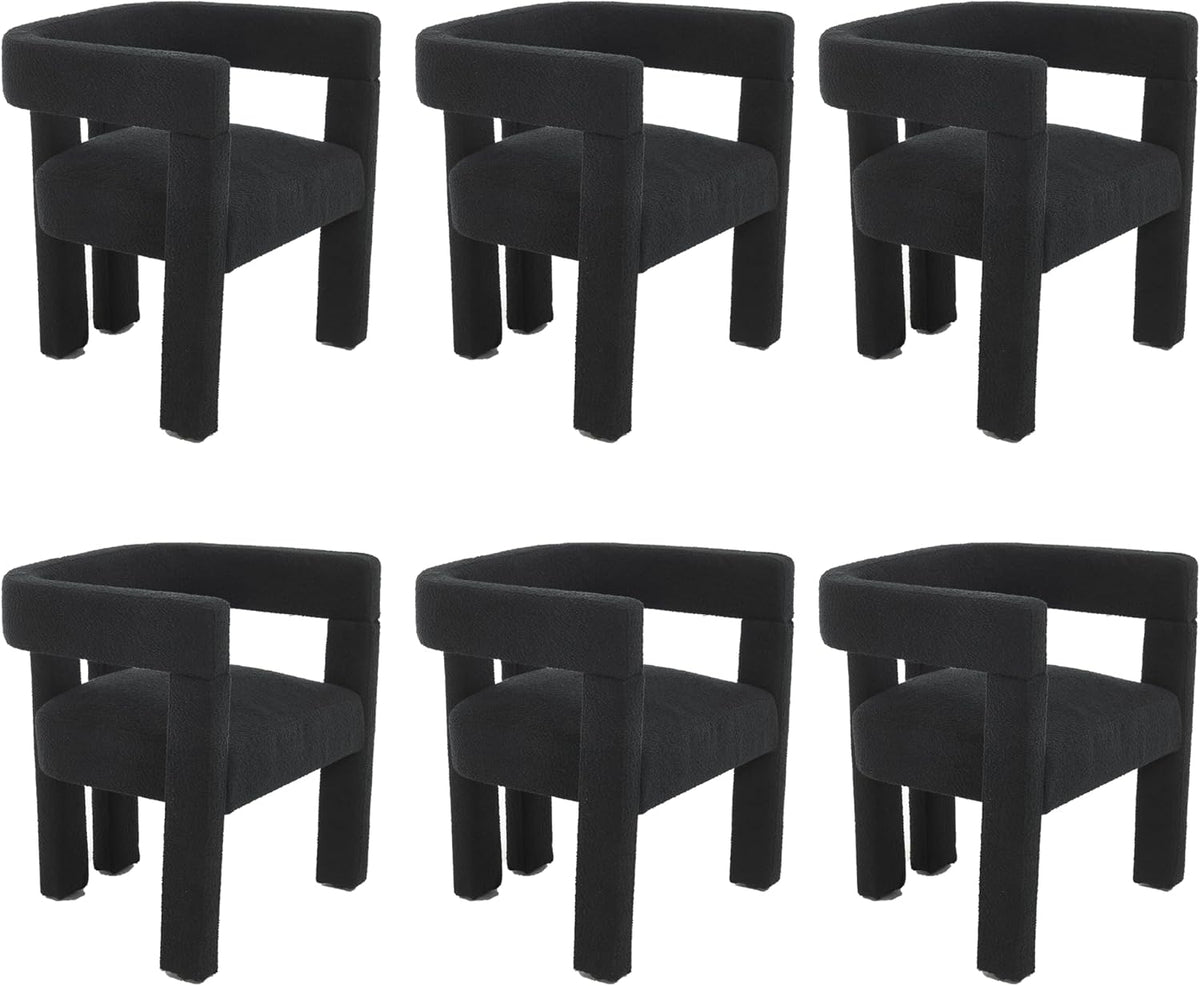 Boucle Barrel Side Chairs Set of 6, Modern Designed Upholstered Comfy Sherpa Fabric Accent Kitchen/Dining Chair, Kitchen Armchair for Living Room Dining Room Bedroom (Black, Set of 6)