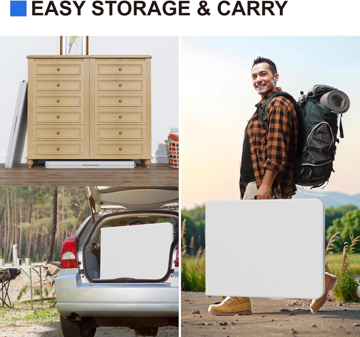 4 Pack Foldable Table 6ft, Plastic Folding Table, Portable Heavy Duty Dining Table with Lock Function & Carrying Handle, Outdoor Indoor Foldable White Table for Camping Party Picnic