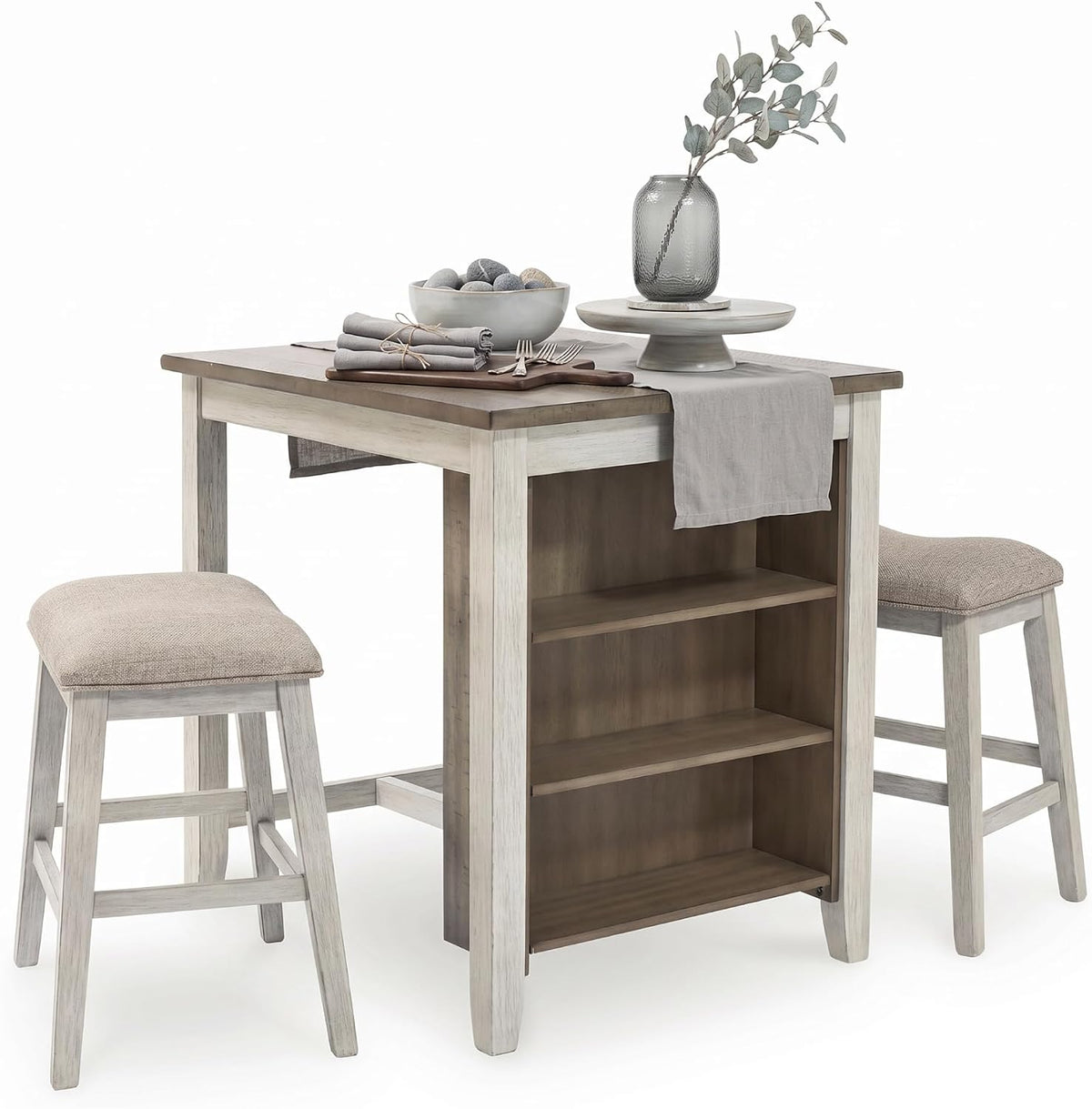 Signature Design by Ashley Skempton 3-Piece Counter Height Dining Table Set | Two-tone acacia wood set, 3 built-in open shelves, 2 upholstered saddle stools, Space-saving tuck-away design, Dining room