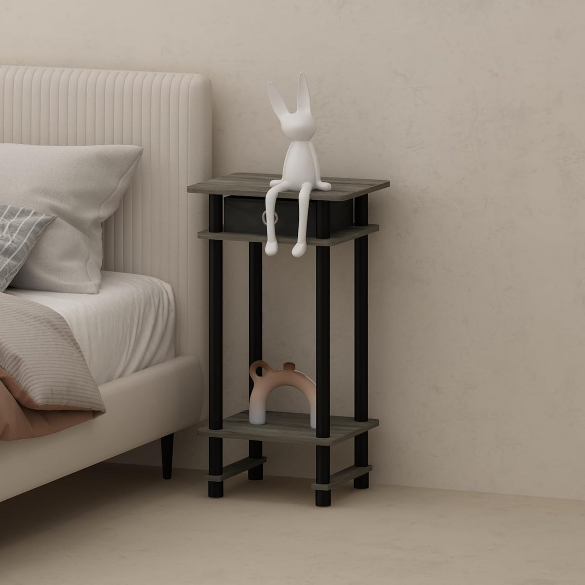 Furinno Turn-N-Tube Tall Nightstand with Bin, 2-Pack, Plastic Poles, French Oak/Black/Black | Tall Narrow, Open Shelf Design Nightstand with Storage Bin, Bedside Table, End Table, Side Table, for Bedroom, Closet, Dorm
