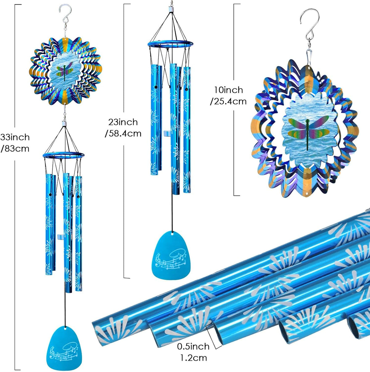 33" Memorial Wind Chimes Outdoor | Deep Tone with Animated Dragonfly Spinner, Rustproof Garden Decor for Patio/Lawn, Sympathy Gift for Mom/Dad/Unisex