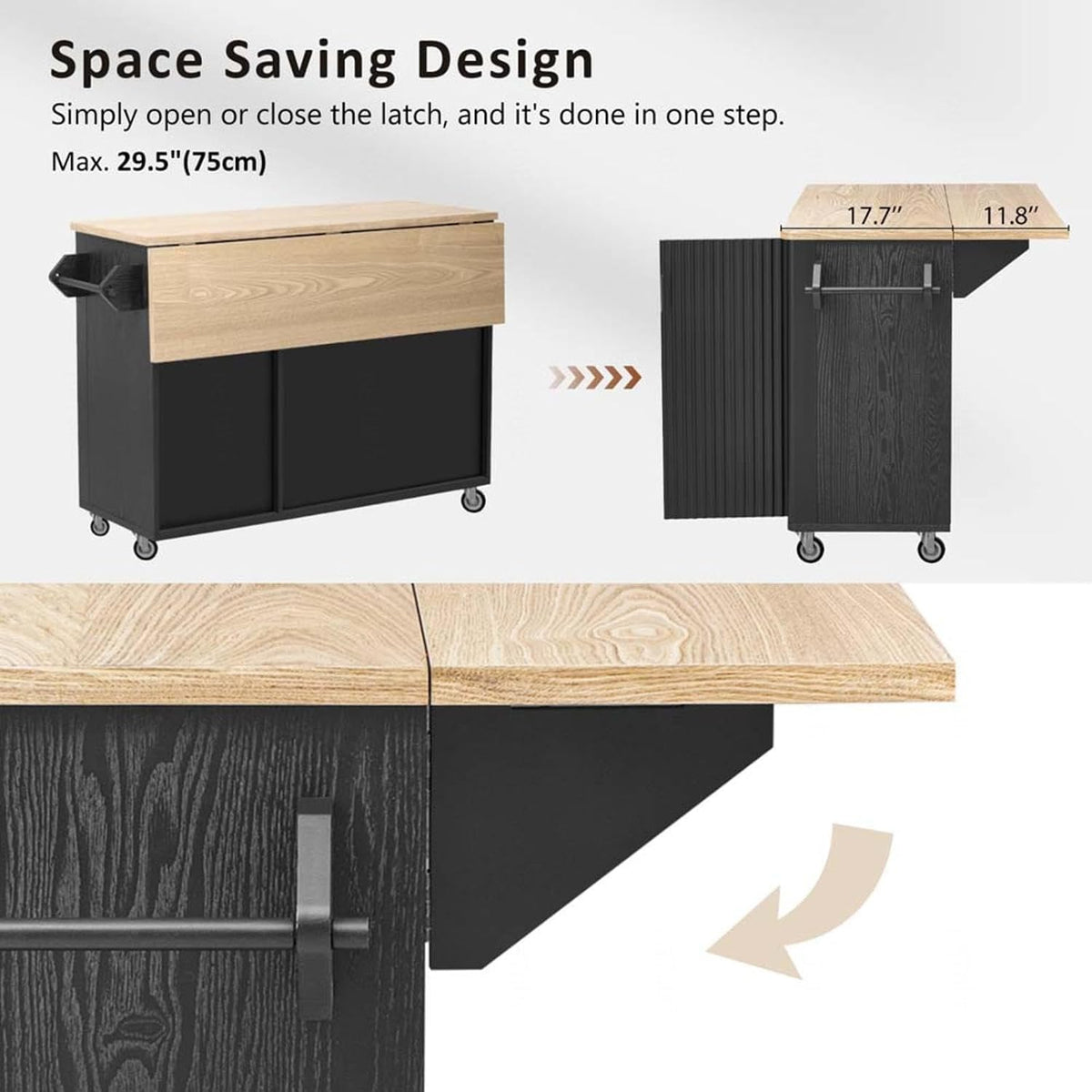Floating Island Kitchen with Drop Leaf Countertop Internal Storage Rack, Kitchen Island with Storage with Wheels Towel Rack， for Kitchen, Dining Room, Black