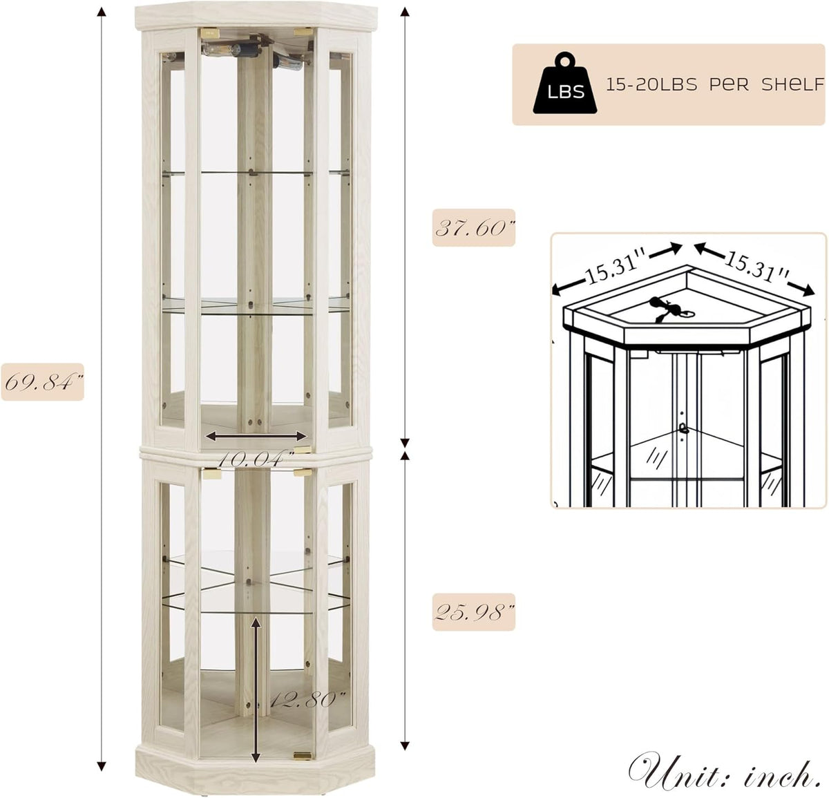 Corner Curio Cabinet, 70" H Lighted Glass Display Cage with Tempered Glass Doors and Adjustable Shelves, Bulb Inclued, Wine Bar China Cabinet for Living Room Liquor Storage (White)