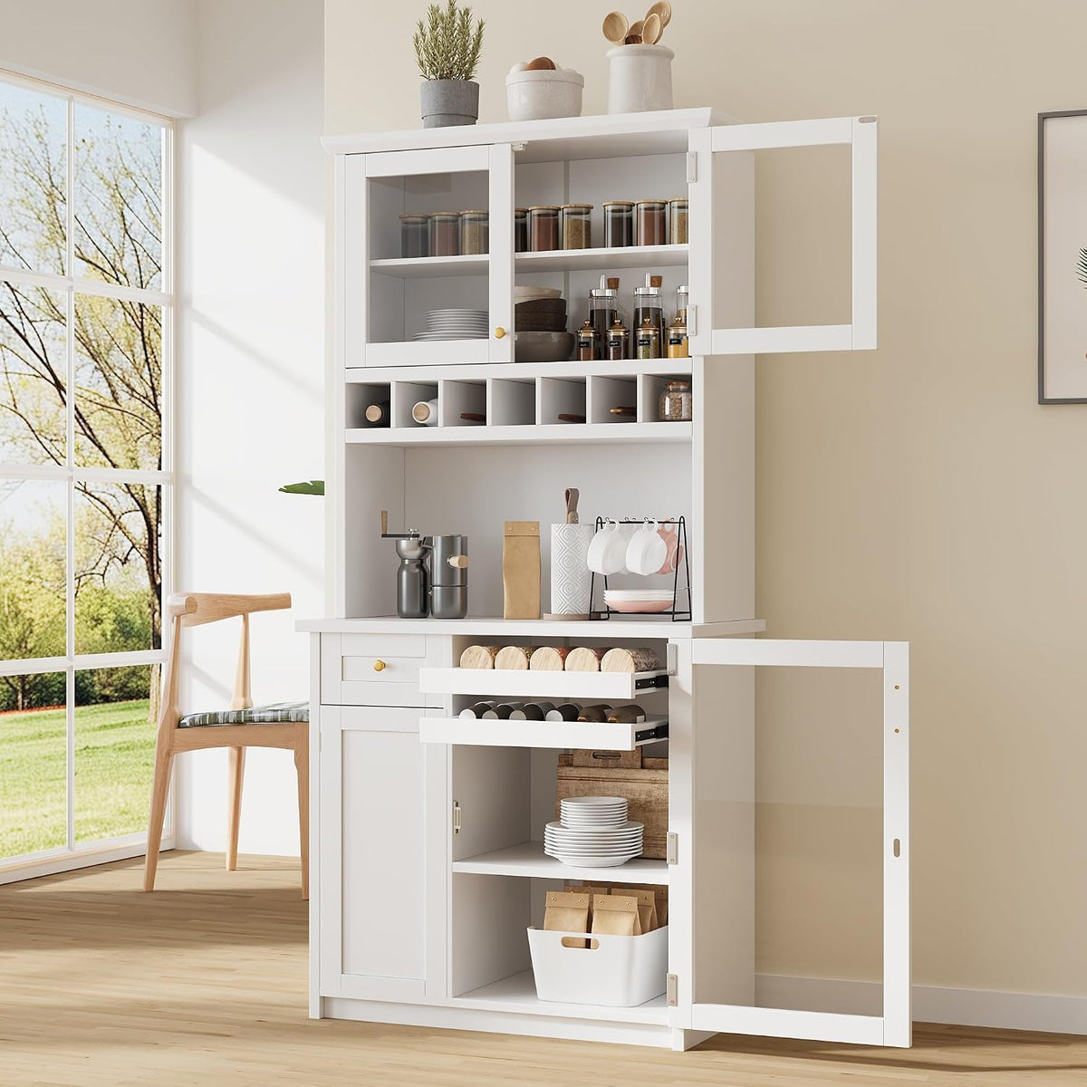 roomfitters Farmhouse Kitchen Pantry Buffet Hutch with Wine Rack and Glass Doors, Tall Storage Cabinet, White