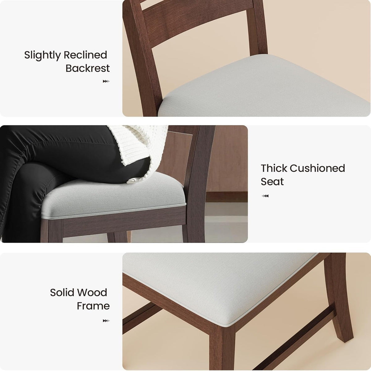 COLAMY Wooden Dining Chairs Set of 4, Farmhouse Upholstered Dining Room Chairs with 3.5" Thick Cushion, FSC Solid Wood Ladder Back Kitchen Chairs for Home and Restaurant, Easy Clean,Brown