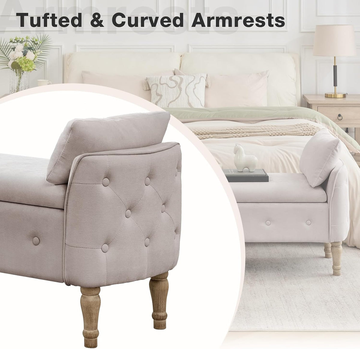 67'' King Size Storage Bench for Bedroom End of Bed,Linen Bedroom Bench for Foot of Bed King,Storage Bench with Arched Arms and 2 Cushion for Living Room Entryway Window,Khaki