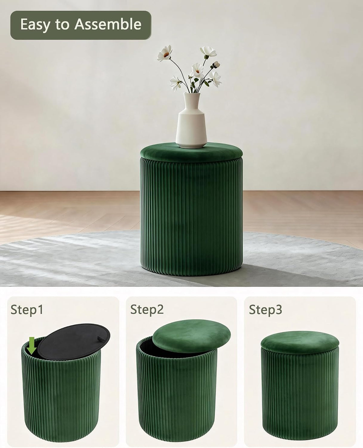 LITZFUR Round Ottoman with Storage, Velvet Foot Rest Stool, Green | Versatile Upholstered Vanity Stool, Padded Folding Storage Ottoman for Living Room, Bedroom and Dorm