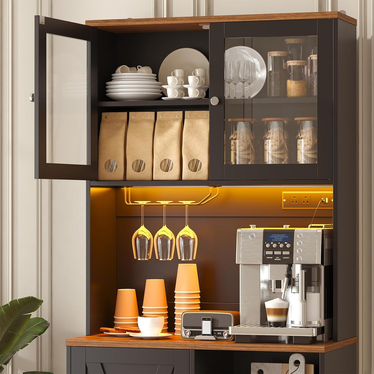 71" Tall Coffee Bar Cabinet with Storage Hutch, Farmhouse Kitchen Pantry Cabinet with LED Lights Microwave Stand and Glass Holder for Home Dining Room Kitchen (Black)